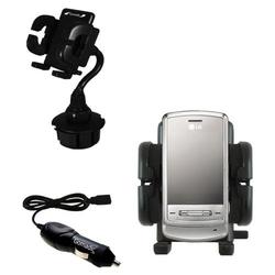 Gomadic LG KG970 Shine Auto Cup Holder with Car Charger - Uses TipExchange