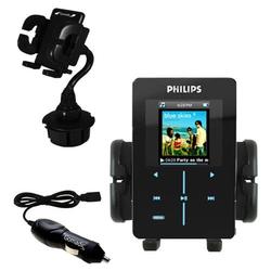 Gomadic Philips GoGear HDD1835/37 Auto Cup Holder with Car Charger - Uses TipExchange
