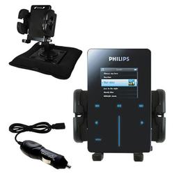 Gomadic Philips GoGear HDD6330 Auto Bean Bag Dash Holder with Car Charger - Uses TipExchange
