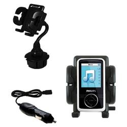 Gomadic Philips GoGear SA3104/37 Auto Cup Holder with Car Charger - Uses TipExchange