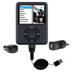 Gomadic Retractable USB Hot Sync Compact Kit with Car & Wall Charger for the Apple Nano Video Gen 3 - Gomadi