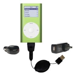 Gomadic Retractable USB Hot Sync Compact Kit with Car & Wall Charger for the Apple iPod Mini - Brand
