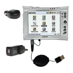 Gomadic Retractable USB Hot Sync Compact Kit with Car & Wall Charger for the Archos AV320 - Brand w/