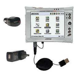 Gomadic Retractable USB Hot Sync Compact Kit with Car & Wall Charger for the Archos AV380 - Brand w/