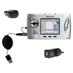Gomadic Retractable USB Hot Sync Compact Kit with Car & Wall Charger for the Archos Gmini 400 - Bran