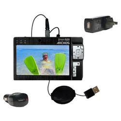 Gomadic Retractable USB Hot Sync Compact Kit with Car & Wall Charger for the Archos Gmini 500 - Bran