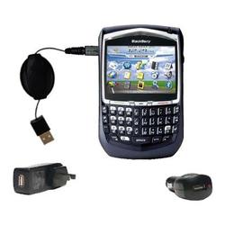 Gomadic Retractable USB Hot Sync Compact Kit with Car & Wall Charger for the Blackberry 8703e - Bran