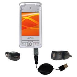 Gomadic Retractable USB Hot Sync Compact Kit with Car & Wall Charger for the Eten Goldfiish M700 - B