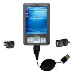 Gomadic Retractable USB Hot Sync Compact Kit with Car & Wall Charger for the Fujitsu Loox 400 - Bran