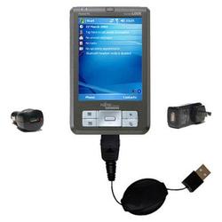 Gomadic Retractable USB Hot Sync Compact Kit with Car & Wall Charger for the Fujitsu Loox 410 - Bran