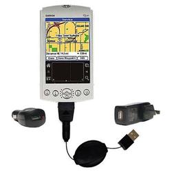 Gomadic Retractable USB Hot Sync Compact Kit with Car & Wall Charger for the Garmin iQue 3200 - Bran