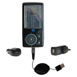 Gomadic Retractable USB Hot Sync Compact Kit with Car & Wall Charger for the Insignia NS-DVB4G - Bra