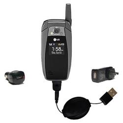 Gomadic Retractable USB Hot Sync Compact Kit with Car & Wall Charger for the LG AX355 - Brand w/ Tip