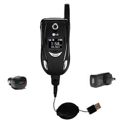 Gomadic Retractable USB Hot Sync Compact Kit with Car & Wall Charger for the LG AX490 - Brand w/ Tip