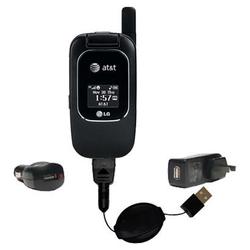 Gomadic Retractable USB Hot Sync Compact Kit with Car & Wall Charger for the LG CU405 - Brand w/ Tip