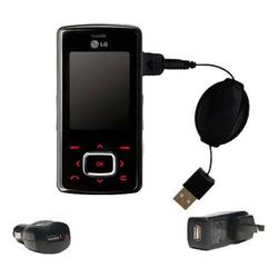 Gomadic Retractable USB Hot Sync Compact Kit with Car & Wall Charger for the LG KG800 - Brand w/ Tip