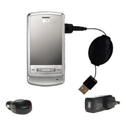 Gomadic Retractable USB Hot Sync Compact Kit with Car & Wall Charger for the LG KG970 Shine - Brand