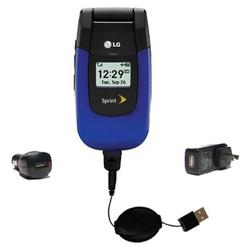 Gomadic Retractable USB Hot Sync Compact Kit with Car & Wall Charger for the LG LX150 - Brand w/ Tip