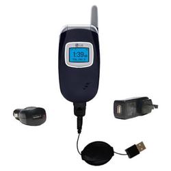 Gomadic Retractable USB Hot Sync Compact Kit with Car & Wall Charger for the LG UX210 - Brand w/ Tip