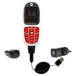 Gomadic Retractable USB Hot Sync Compact Kit with Car & Wall Charger for the Motorola E375 - Brand w