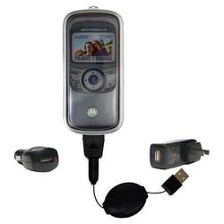 Gomadic Retractable USB Hot Sync Compact Kit with Car & Wall Charger for the Motorola E380 - Brand w