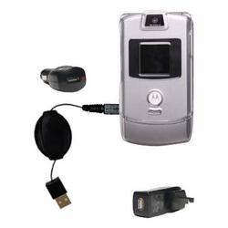 Gomadic Retractable USB Hot Sync Compact Kit with Car & Wall Charger for the Motorola MOTORAZR V3a - Gomadic