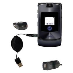 Gomadic Retractable USB Hot Sync Compact Kit with Car & Wall Charger for the Motorola MOTORAZR V3t - Gomadic