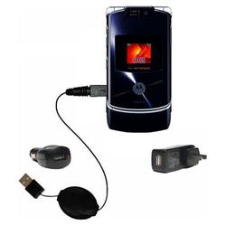 Gomadic Retractable USB Hot Sync Compact Kit with Car & Wall Charger for the Motorola MOTORAZR V3xx - Gomadi