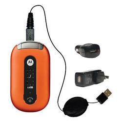 Gomadic Retractable USB Hot Sync Compact Kit with Car & Wall Charger for the Motorola PEBL U6 - Bran