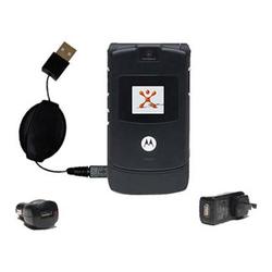 Gomadic Retractable USB Hot Sync Compact Kit with Car & Wall Charger for the Motorola RAZR V3 - Bran
