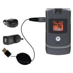 Gomadic Retractable USB Hot Sync Compact Kit with Car & Wall Charger for the Motorola RAZR V3c - Bra