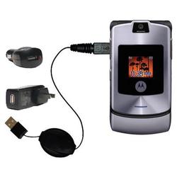 Gomadic Retractable USB Hot Sync Compact Kit with Car & Wall Charger for the Motorola RAZR V3i - Bra