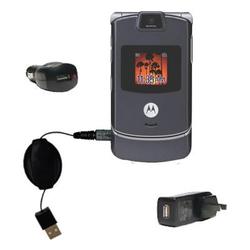 Gomadic Retractable USB Hot Sync Compact Kit with Car & Wall Charger for the Motorola RAZR V3m - Bra