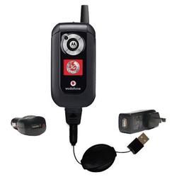 Gomadic Retractable USB Hot Sync Compact Kit with Car & Wall Charger for the Motorola V1050 - Brand