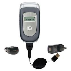 Gomadic Retractable USB Hot Sync Compact Kit with Car & Wall Charger for the Motorola V195 - Brand w
