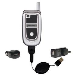Gomadic Retractable USB Hot Sync Compact Kit with Car & Wall Charger for the Motorola V235 - Brand w