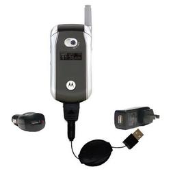 Gomadic Retractable USB Hot Sync Compact Kit with Car & Wall Charger for the Motorola V265 - Brand w