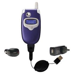 Gomadic Retractable USB Hot Sync Compact Kit with Car & Wall Charger for the Motorola V330 - Brand w