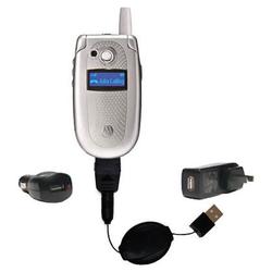 Gomadic Retractable USB Hot Sync Compact Kit with Car & Wall Charger for the Motorola V400 - Brand w