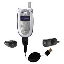 Gomadic Retractable USB Hot Sync Compact Kit with Car & Wall Charger for the Motorola V500 - Brand w