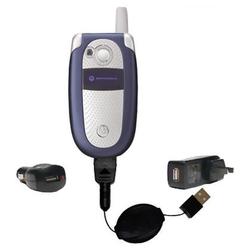 Gomadic Retractable USB Hot Sync Compact Kit with Car & Wall Charger for the Motorola V505 - Brand w