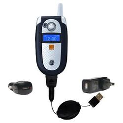 Gomadic Retractable USB Hot Sync Compact Kit with Car & Wall Charger for the Motorola V545 - Brand w