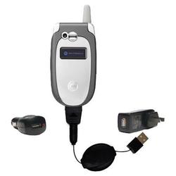 Gomadic Retractable USB Hot Sync Compact Kit with Car & Wall Charger for the Motorola V547 - Brand w