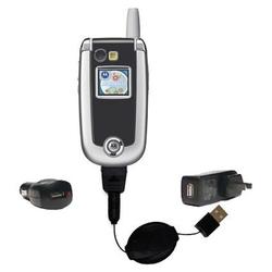 Gomadic Retractable USB Hot Sync Compact Kit with Car & Wall Charger for the Motorola V635 - Brand w
