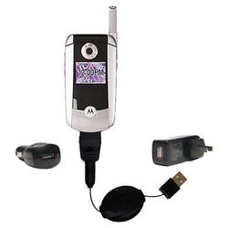 Gomadic Retractable USB Hot Sync Compact Kit with Car & Wall Charger for the Motorola V710 - Brand w