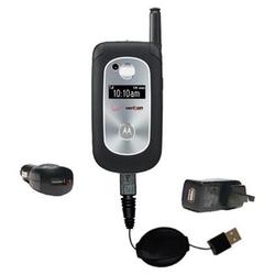 Gomadic Retractable USB Hot Sync Compact Kit with Car & Wall Charger for the Motorola v325i - Brand