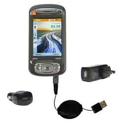 Gomadic Retractable USB Hot Sync Compact Kit with Car & Wall Charger for the Orange SPV M3100 - Bran