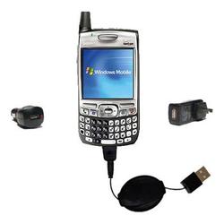 Gomadic Retractable USB Hot Sync Compact Kit with Car & Wall Charger for the PalmOne Treo 700wx - Br