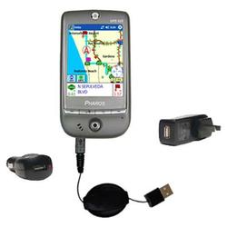 Gomadic Retractable USB Hot Sync Compact Kit with Car & Wall Charger for the Pharos GPS 525E - Brand