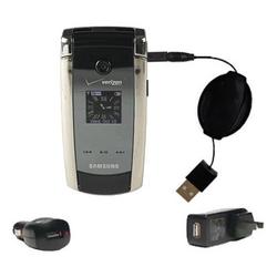 Gomadic Retractable USB Hot Sync Compact Kit with Car & Wall Charger for the Samsung SCH-U700 - Bran